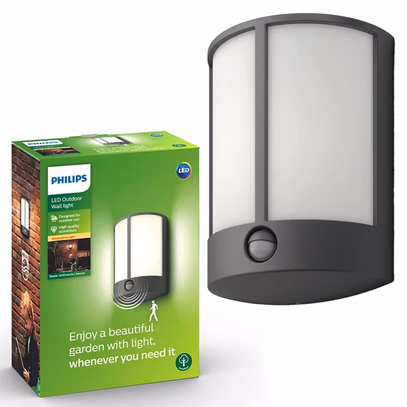 Kinkiet Ogrodowy Stock Philips Lampa Elewacyjna Zewnętrzna LED 6W 600lm 2700K IP44 z Czujnikiem Ruchu i Zmierzchu Antracyt 1 szt.