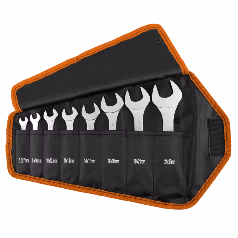 Klucze płaskie NEO TOOLS dwustronne, super cienkie, 5.5 x 27 mm, zestaw 8 szt., etui 1 kpl