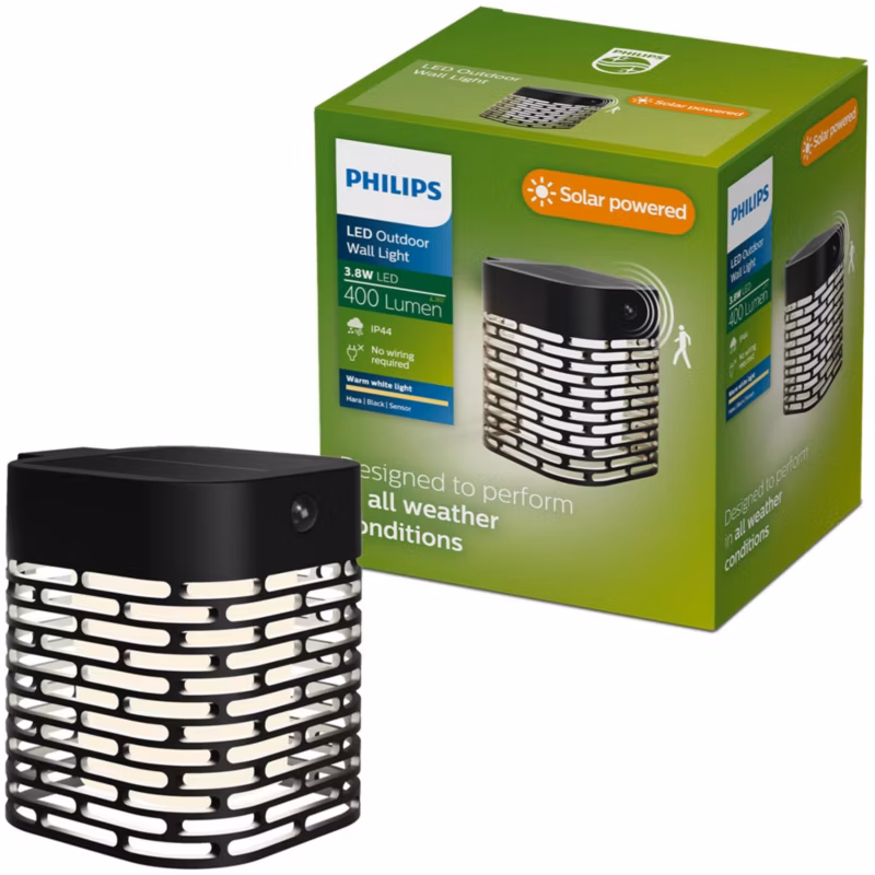 Kinkiet Ogrodowy Hara Philips Lampa Zewnętrzna Elewacyjna Solarny 3.8W 400lm 2700K IP44 Czarna z Czujnikiem Ruchu 1 szt.