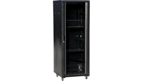 Szafa teleinformatyczna rack 19 cali 42U 600×600, drzwi szklane, kolor czarny FLAT PACK