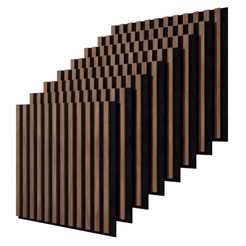 Lamele ścienne na czarnym filcu Stegu, orzech Esotica panele akustyczne 60×60,5cm 8 szt.