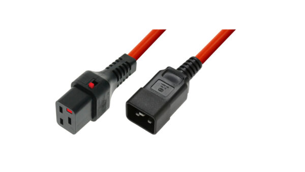 Kabel zasilający serwerowy z blokadą IEC LOCK 3×1,5mm2 C20 prosty/C19 prosty M/Ż 2m czerwony IEC-PC1402