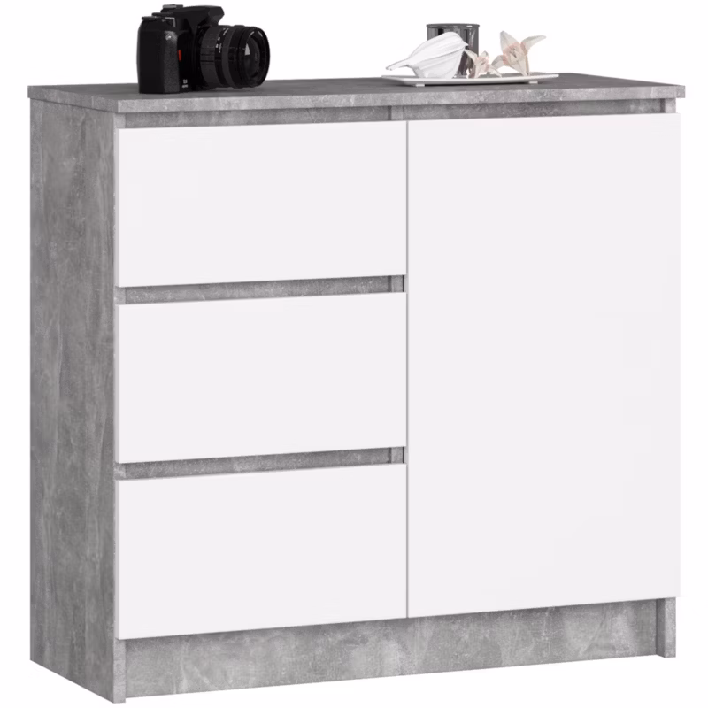 Komoda Akord Jerry Szary Beton 80 cm 1 drzwi 3 szuflady kolor Biały mat 2 półki 80x35x77 cm 1 szt.