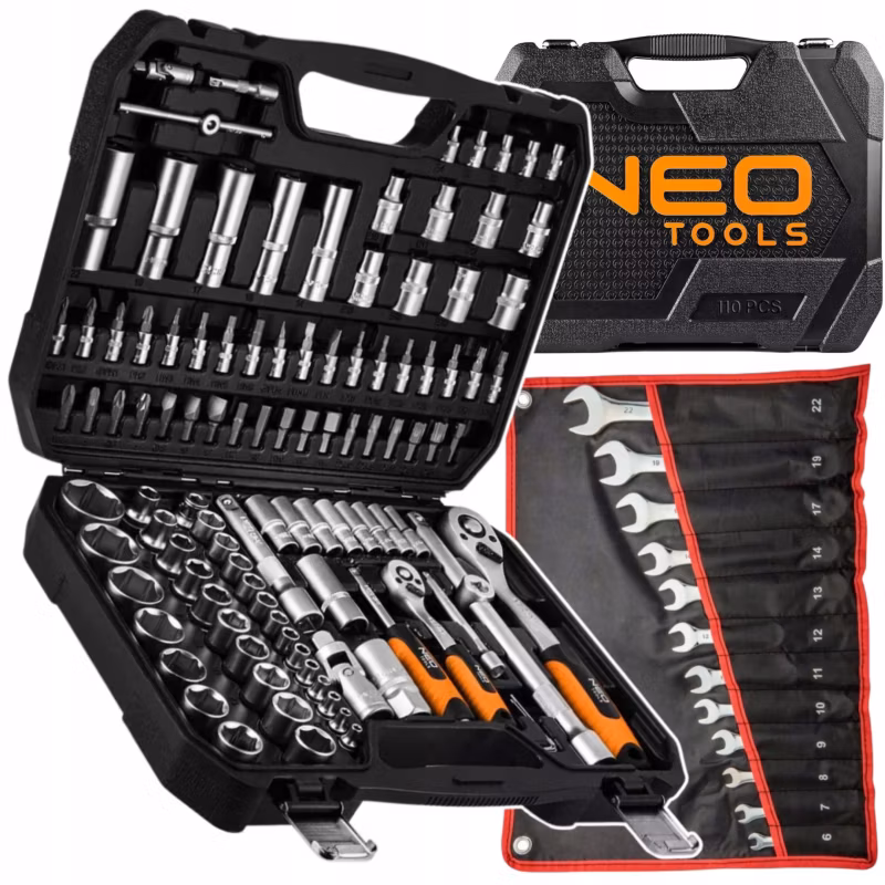 Klucze Nasadowe Neo Tools 110 el. 1/4 1/2 Walizka + Klucze Płasko Oczkowe 12 szt. 5906692024803
