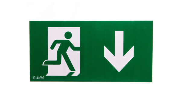 Piktogram PS27 125×250 człowiek w drzwiach strzałka dół logo awex (ISO7010)