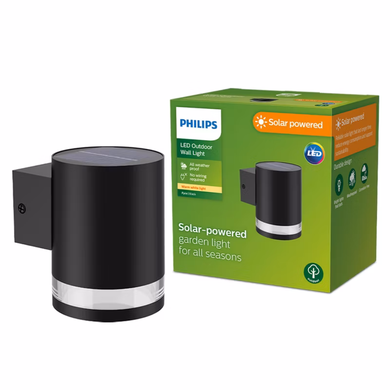 Kinkiet Ogrodowy Fyce Philips Lampa Solarna Elewacyjna Zewnętrzna LED 1.5W 200lm 2700K Czarna 1 szt.