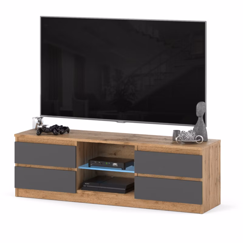 Komoda RTV Hurtownia-Mebli Szuflady 4 RTV Quattro 138 138cm Dąb Wotan Szary Mat 138x35x45 cm 1szt.