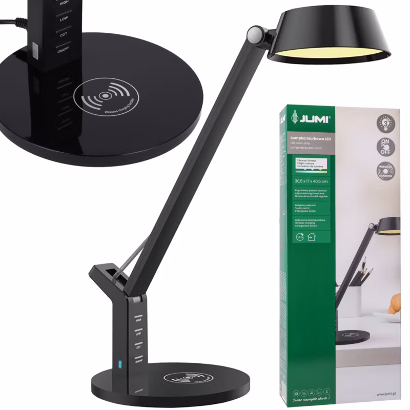 Lampa biurkowa JUMI szkolna na biurko stołowa LED ładowanie indukcyjne dotykowa czarna 1 szt.