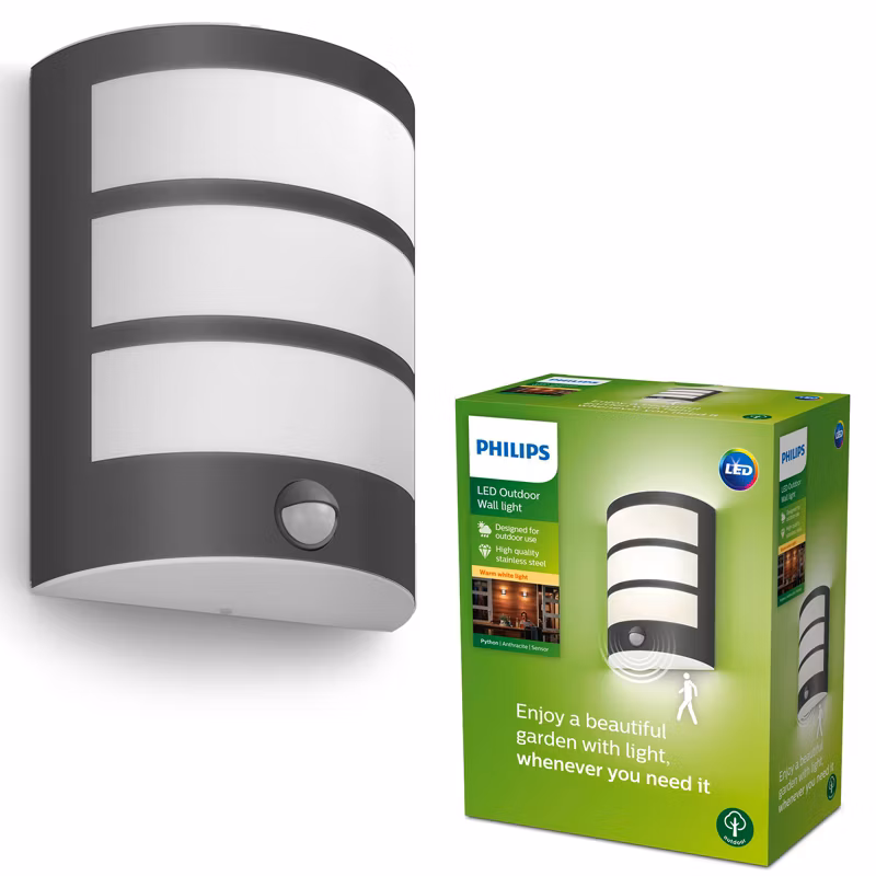 Kinkiet Ogrodowy Python Philips Lampa Elewacyjna Zewnętrzna LED 6W 450lm 2700K z Czujnikiem Ruchu i Zmierzchu Antracyt IP44 1 szt.