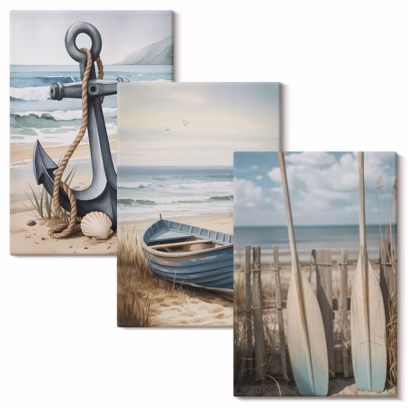 Komplet Obrazów Na Płótnie Wallfluent 40×60 cm Kotwica łódka wiosła plaża 3 szt.
