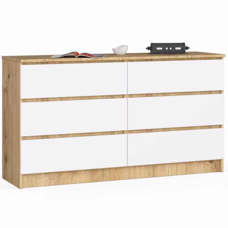 Komoda Akord K140 Dąb Artisan 138 cm 6 szuflad kolor Biały mat 138x40x77 cm 1 szt.