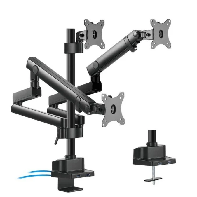 Uchwyt biurkowy na 3 monitory LCD LED z 2x USB 3.0 Maclean MC‑811 17‑27cala 3x7kg vesa 75×75 oraz 100×100 MC‑811