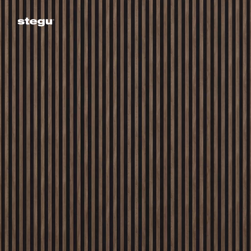 Lamele ścienne na czarnym filcu Stegu Linea Acoustic Proline, orzech 120×60 cm panele akustyczne 1 szt.