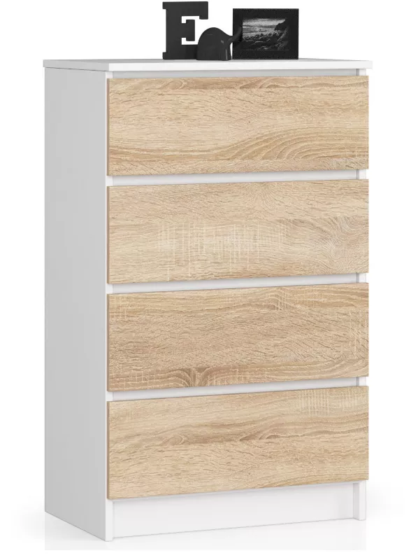Komoda Akord K60 Biała 60 cm 4 szuflady kolor Dąb Sonoma mat 60x40x99 cm 1 szt.