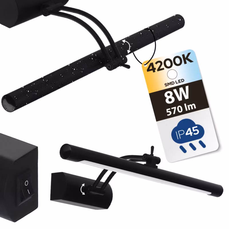 Kinkiet HOROZ łazienkowy nad lustro pokojowy LED 8W, 570lm, 4200K, IP45, czarny, ANKA-8 1szt.