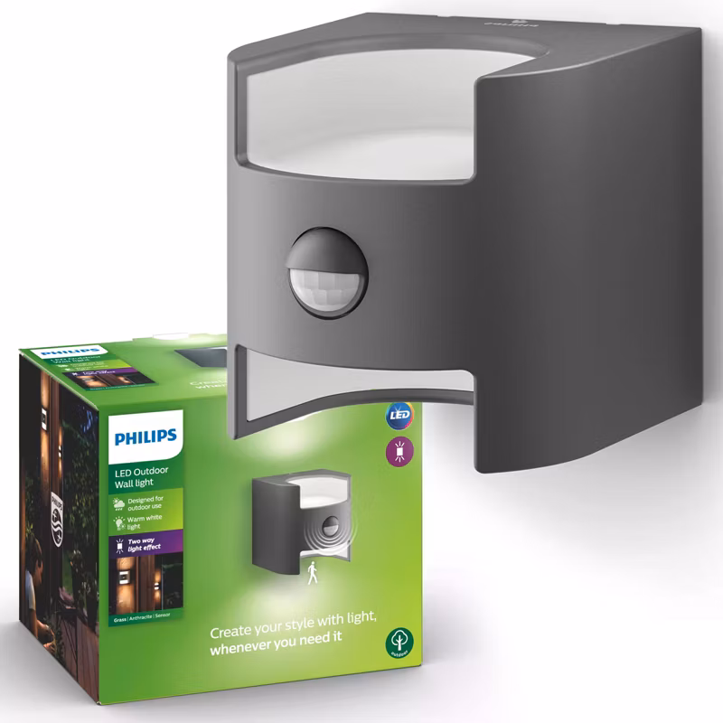 Kinkiet Ogrodowy Grass Philips Lampa Elewacyjna Zewnętrzna LED 9W 800lm 2700K IP44 z Czujnikiem Ruchu i Zmierzchu Antracyt 1 szt.