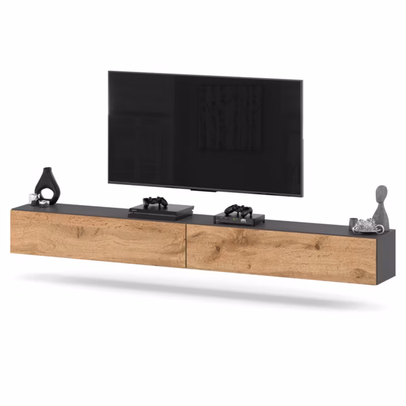 Komoda RTV Hurtownia-Mebli 2 Drzwi RTV Hugo 280cm Szary Mat Dąb Wotan 280x35x40 cm 1szt.