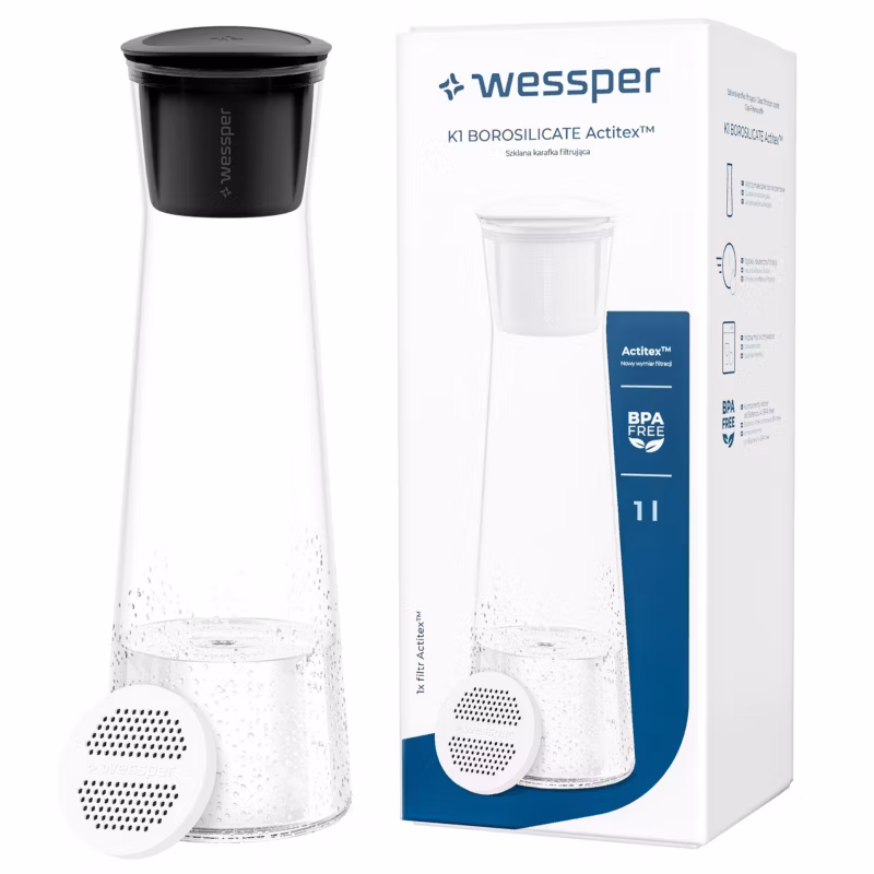Karafka filtrująca, Wessper, szklana, 1L, z filtrem do wody, czarna, zestaw 2szt