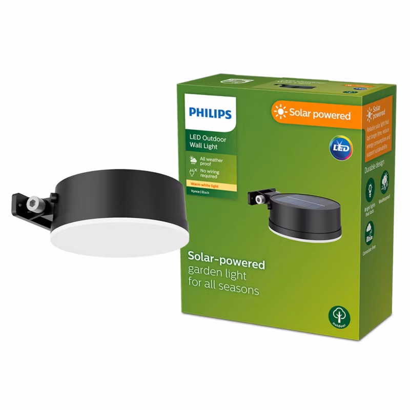 Kinkiet Ogrodowy Vynce Philips Lampa Solarna Elewacyjna Zewnętrzna LED 1.5W 200lm 2700K Czarna 1 szt.