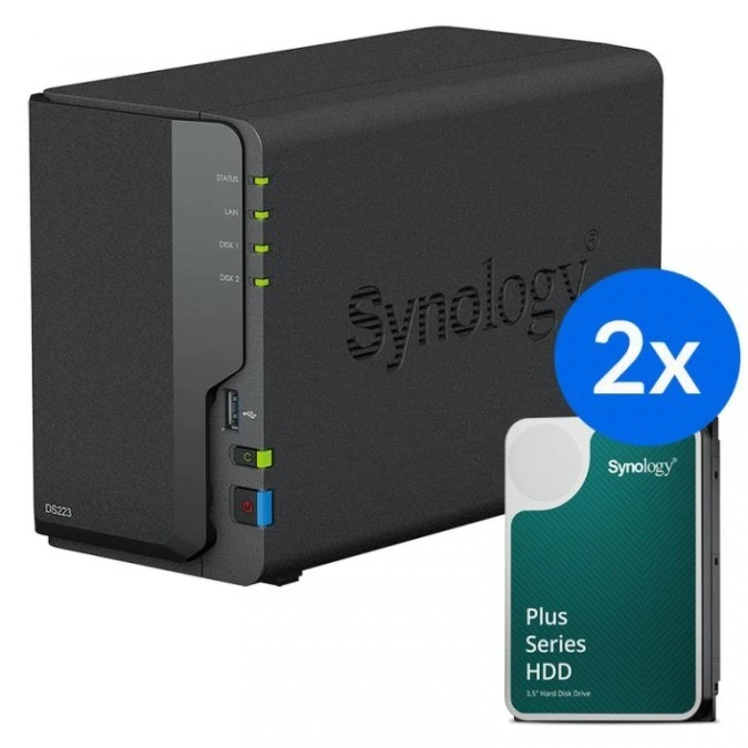 Synology DS223 /8T 2‑zatokowy serwer NAS w zestawie z dyskami o łącznej pojemności 8TB, Tower