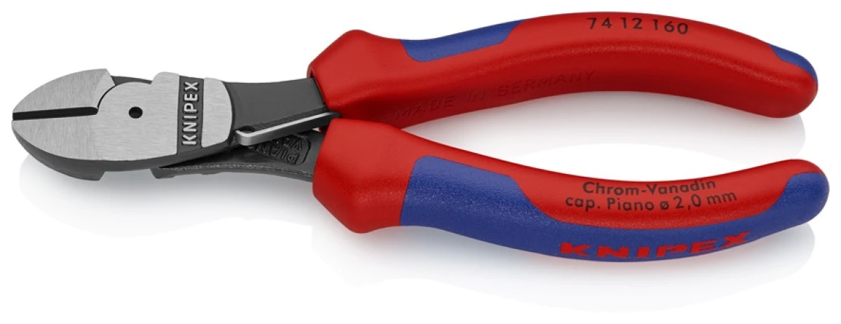 Szczypce tnące boczne o zwiększonym przełożeniu z wielokomponentowymi nasadkami fosforanowane, czarne 160 mm KNIPEX 74 12 16